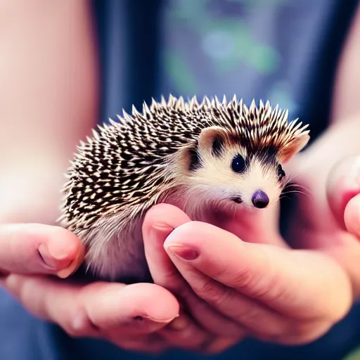 Image similar to a close up photo of a girl holding a baby hedgehog in her hand with the hedgehog upside down, real photo, real camera, dslr, intricate quality, 8 k