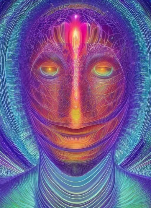 Image similar to humankind transcendence into collaborative intelligence, connectedness, bosy, ai, by alex grey, album cover, award winning, beautiful, colorful, volumetric lighting, trending on artstation