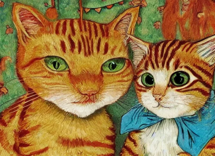 Image similar to a small ginger tabby cat by dr. seuss and louis wain