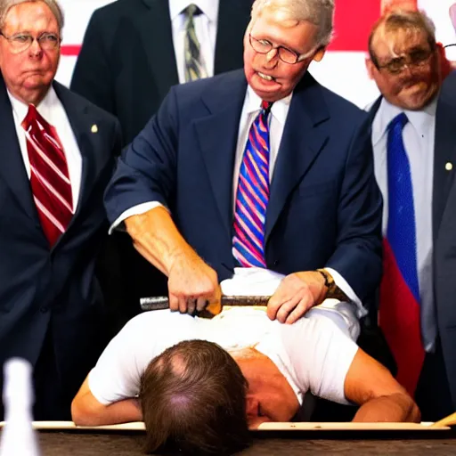 Image similar to mitch mcconnel being cut open by a katana, committing seppeku