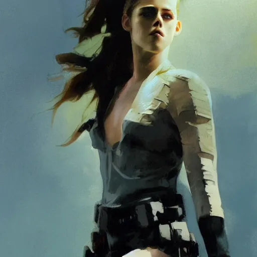 Prompt: kristen stewart as the winter soldier, intricate, elegant, highly detailed, greg manchess, mucha, liepke, ruan jia, jeffrey catherine jones, ridley scott