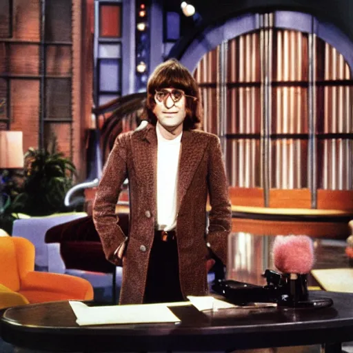 Image similar to on the full color tv set of ed sullivan, john lennon is guest starring as the host, 7 0 s color grade