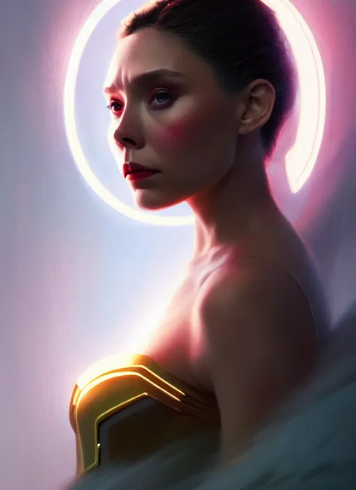 Image similar to portrait of modern darna, elizabeth olsen, intricate, elegant, glowing lights, highly detailed, digital painting, artstation, glamor pose, concept art, smooth, sharp focus, illustration, art by wlop, mars ravelo and greg rutkowski