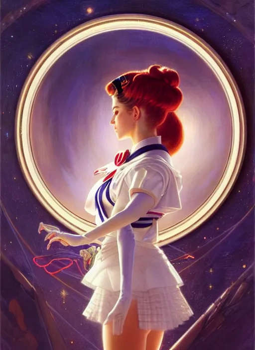 Image similar to perfectly centred portrait of sailor moon, looking in the mirror, in a business suit, futuristic, highly detailed, sharp focus, highly detailed painting by gaston bussiere, craig mullins, j. c. leyendecker 8 k