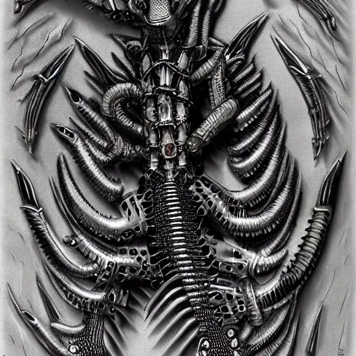 Prompt: detailed photograph of an exotic biomechanical dragon by h. r. giger