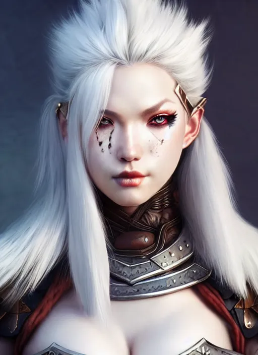 Image similar to barbarian, fur leather armor!!! beautiful and elegant white hair female!! gorgeous ayes!! character concept art, sharp focus, octane render! unreal engine 5! highly rendered!! trending on artstation!! detailed linework!! illustration by artgerm, wlop, and chie yoshii