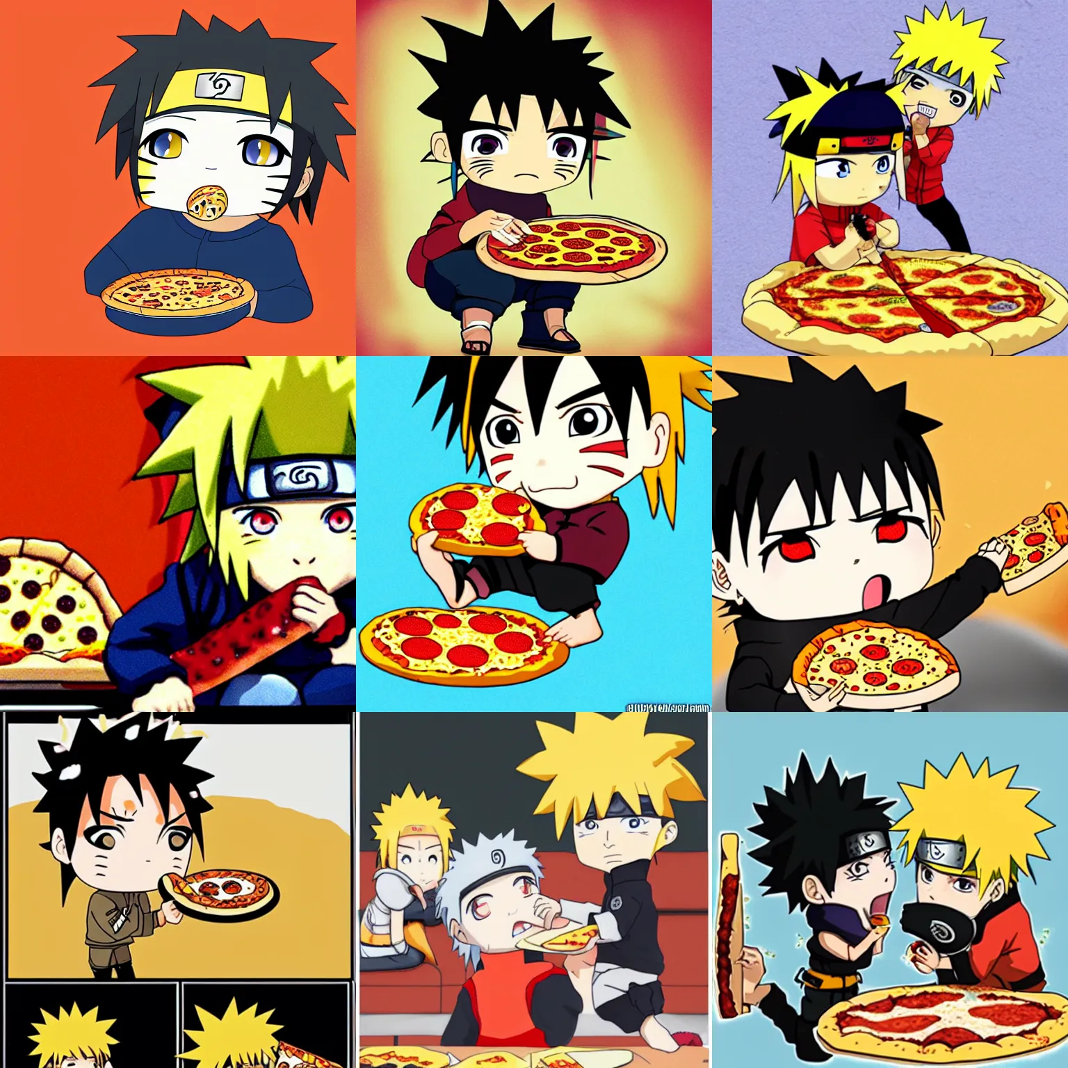 Prompt: Chibi Naruto biting into a pizza