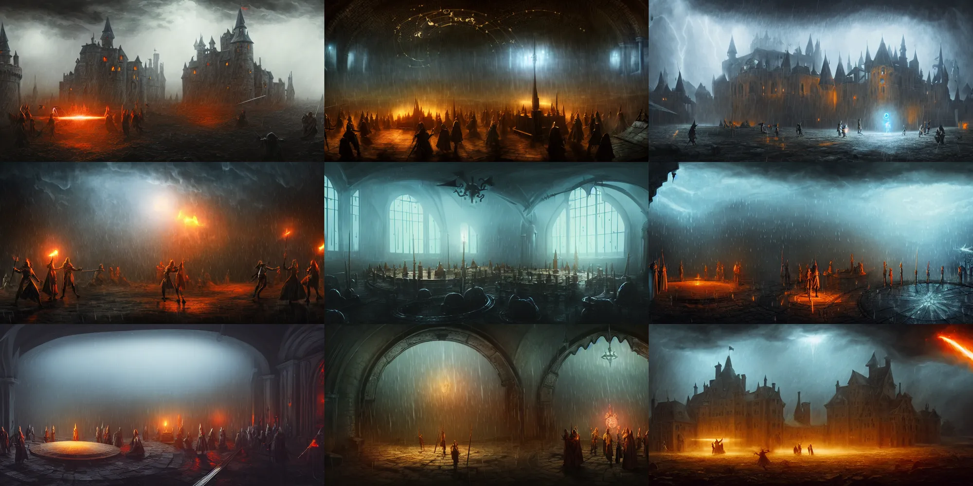 Prompt: cinematic battle scene, lighting, sorcery magic witch battle, medieval castle orrery room, rain, storm, fog, illustration, highly detailed, digital painting, concept art, matte, 8 k movie still, masterpiece