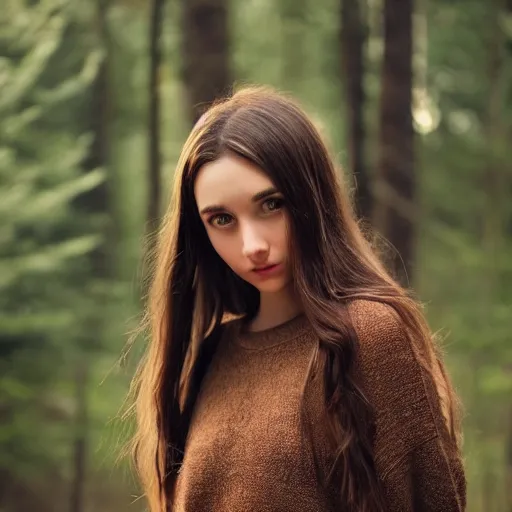 Image similar to real life photo of a beautiful girl, full body photoshoot, long brown hair, brown eyes, full round face, short smile, dark brown sweater, forest setting, cinematic lightning, medium shot, mid - shot, highly detailed, trending on artstation, unreal engine 4 k, 8 0 mm, 8 5 mm, cinematic wallpaper