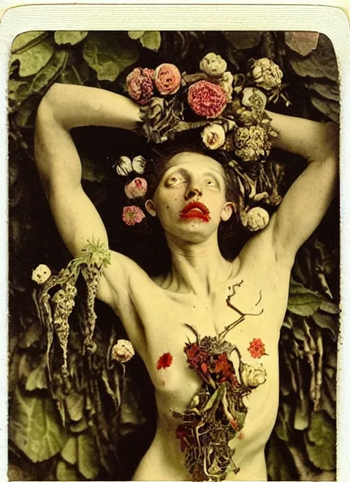 Image similar to beautiful and detailed rotten woman made of plants and many different types of flowers, muscles, intricate, organs, ornate, surreal, miguel angel, gustave courbet, caravaggio, romero ressendi, van gogh, 1 9 1 0 polaroid photo