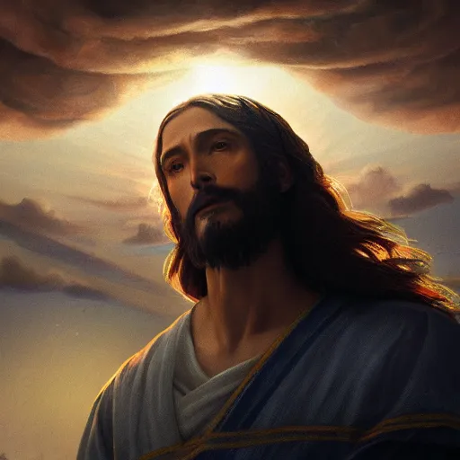 Prompt: Jesus ascending into heaven, beautiful landscape, dramatic lighting, cinematic, establishing shot, extremly high detail, cinematic lighting, post processed, concept art, artstation, matte painting, style by Michelangelo