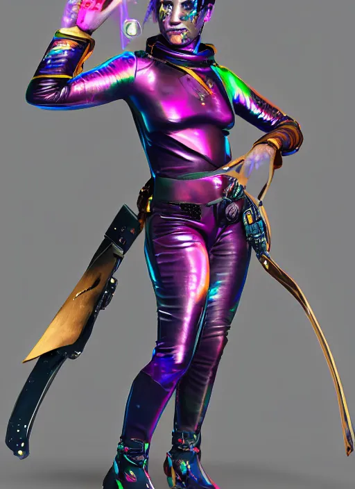 Image similar to iridescent bodypaint on a swashbuckling space pirate, she is wearing a futuristic space bounty hunter clothes, digital art