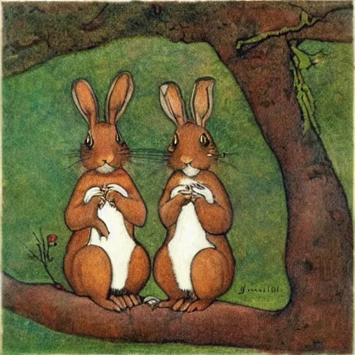 Image similar to two squirrels sitting in a tree, a rabbit sits underneath the tree, in the style of john bauer