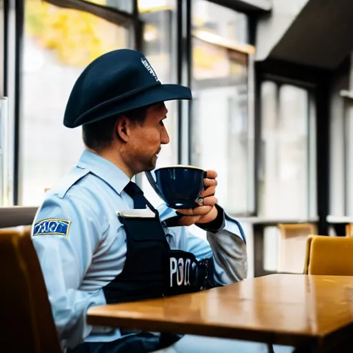 Image similar to a robotic police officer drinking tea in a coffee shop sitting down relaxed, professional photography