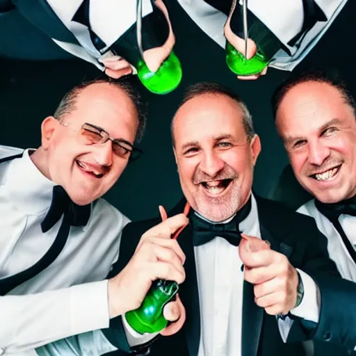 Image similar to 5 middle aged men wearing tuxedos, each man is holding a green bottle