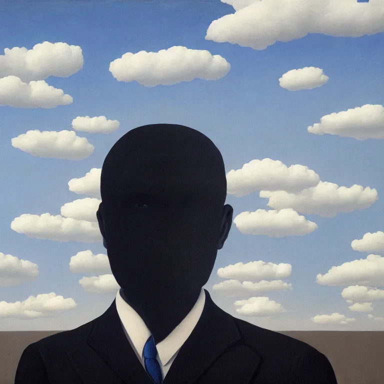 Image similar to portrait of a faceless shadow - head man in a suit, clouds in the background, by rene magritte, detailed painting, distance, middle centered, hd, hq, high resolution, high detail, 4 k, 8 k