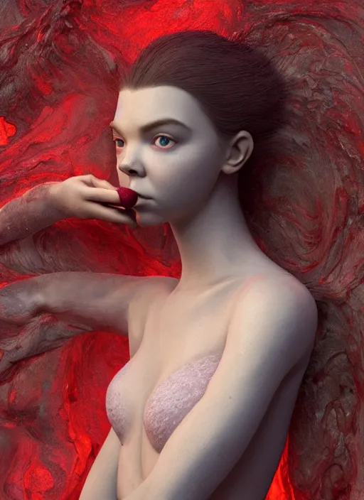 Prompt: hyper detailed 3d render like a Oil painting - very coherent Concrete displacement mapped profile subsurface scattering (a beautiful fae princess protective playful expressive from dark crystal that looks like Anya Taylor-Joy) seen red carpet photoshoot in UVIVF posing in caustic light pattern pool of water to Eat of the Strangling network of yellowcake aerochrome and milky Fruit and His delicate Hands hold of gossamer polyp blossoms bring iridescent fungal flowers whose spores black the foolish stars by Jacek Yerka, Ilya Kuvshinov, Mariusz Lewandowski, Houdini algorithmic generative render, golen ratio, Abstract brush strokes, Masterpiece, Victor Nizovtsev and James Gilleard, Zdzislaw Beksinski, Tom Whalen, Mark Ryden, Wolfgang Lettl, hints of Yayoi Kasuma and Dr. Seuss, Grant Wood, octane render, 8k