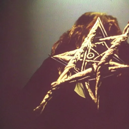 Image similar to a nu-metal musician using a pentagram to conjure the lord of metal music. Horror film production photo from the 1990s.