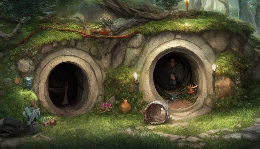 Prompt: concept art of a beautiful hobbit - hole, digital art, trending on artstation