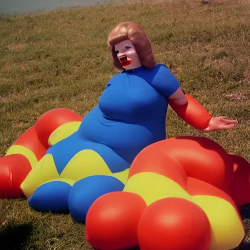 Image similar to 1976 glamorous thicc woman wearing an inflatable smiley head, wearing a dress, in a small village full of inflatable worms, 1976 French film archival footage technicolor film expired film 16mm Fellini new wave John Waters Russ Meyer movie still
