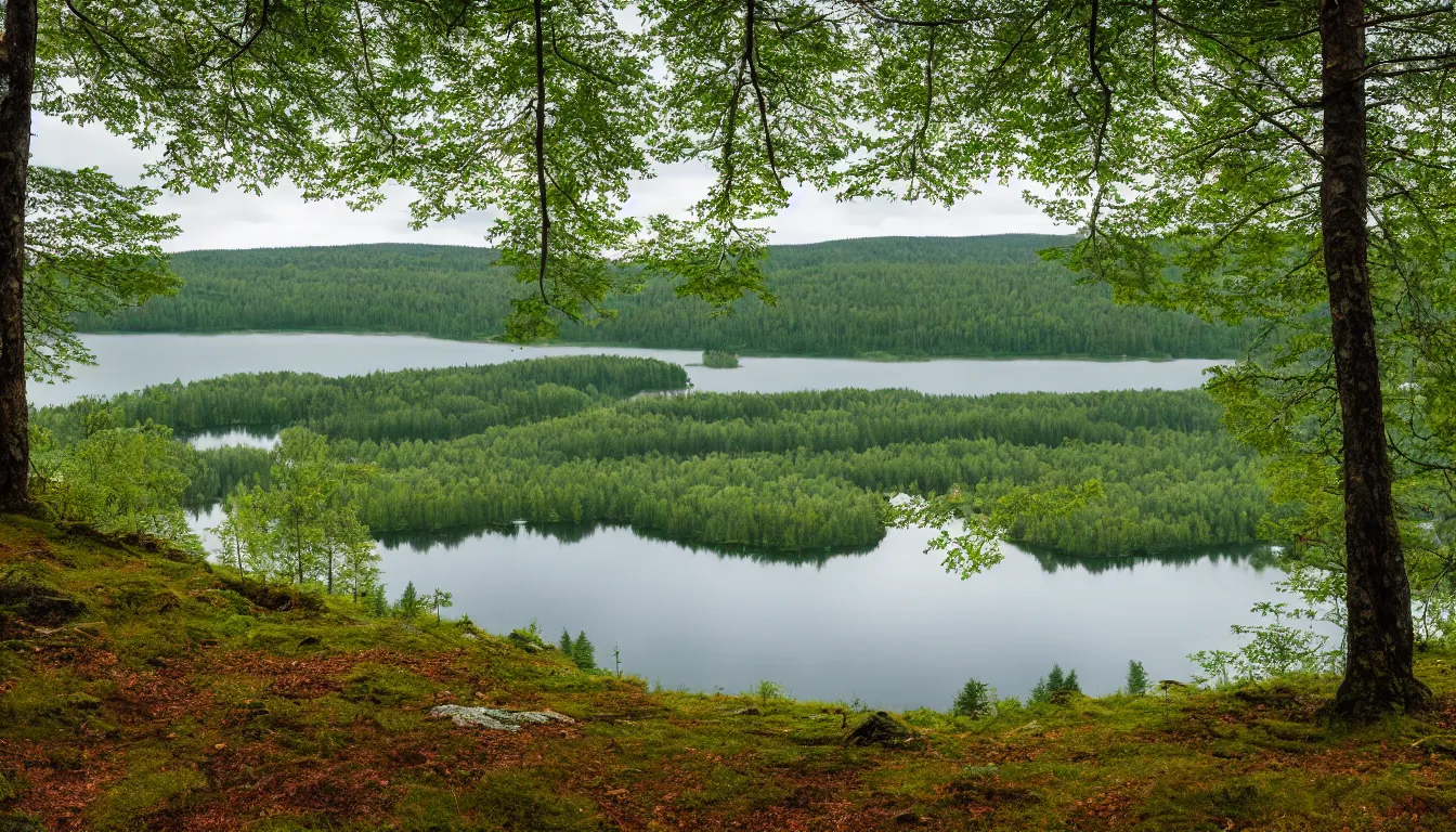 Image similar to eastern european, small lake view from highland, leave less old forest, national park, nature, atmospheric, ambient vibe, very detailed, high resolution, 8 k