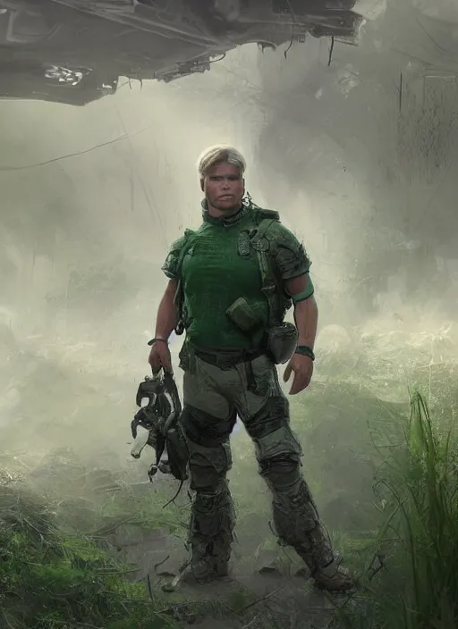 Prompt: portrait of a young richard dean anderson wearing a green combat uniform, in a post apocalyptic city overgrown by plants, by wlop, book cover illustration, concept art, volumetric lighting, volumetric atmosphere, sharp focus, octane render, trending on artstation, 8 k