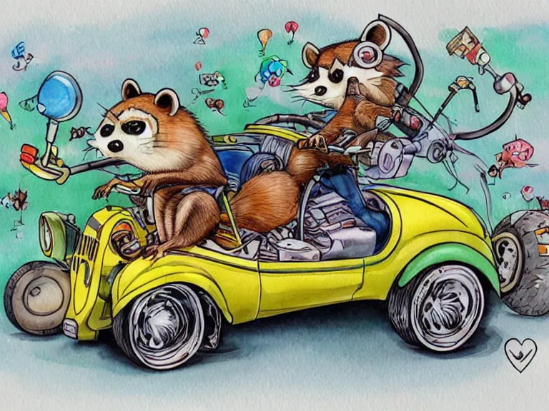 Image similar to cute and funny, racoon riding in a tiny hot rod coupe with oversized engine, ratfink style by ed roth, centered award winning watercolor pen illustration, isometric illustration by chihiro iwasaki, edited by range murata