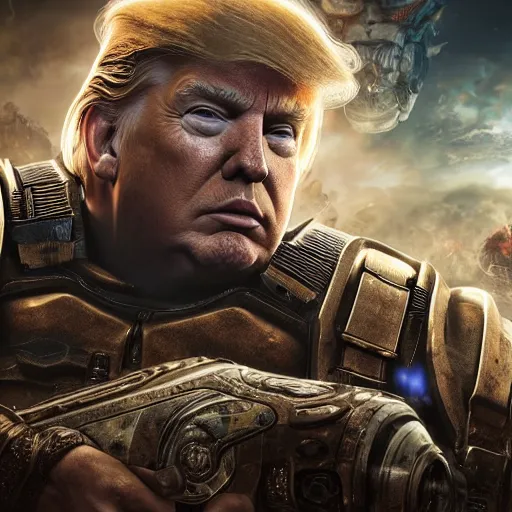 Image similar to photo portrait of donald trump as god emperor in gears of war, splash art, movie still, detailed face, photorealistic facial features, cinematic lighting, dramatic, octane render, long lens, shallow depth of field, bokeh, anamorphic lens flare, 8 k, hyper detailed, 3 5 mm film grain