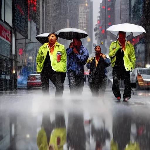 Image similar to closeup portrait of a group of cleaners fighting puddles traffic in rainy new york street, by Steve McCurry and David Lazar, natural light, detailed face, CANON Eos C300, ƒ1.8, 35mm, 8K, medium-format print