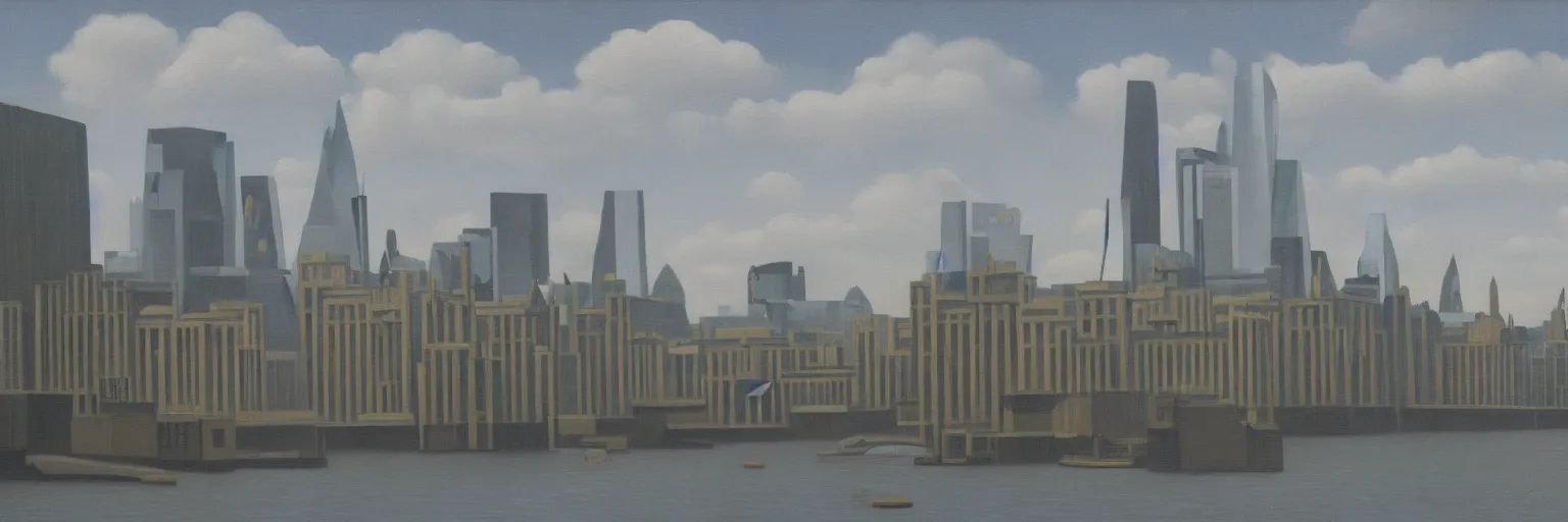 Prompt: london cityscape oil painting magritte