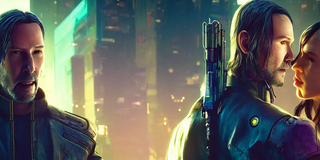 Image similar to a cyberpunk 2077 srcreenshot portrait of Keanu Reeves and V final kiss,love,film lighting,by Lawrence Alma-Tadema,Andrei Riabovitchev,Laurie Greasley,Dan Mumford,John Wick,Speed,Replicas,artstation,deviantart,FAN ART,full of color,Digital painting,face enhance,highly detailed,8K,octane,golden ratio,cinematic lighting