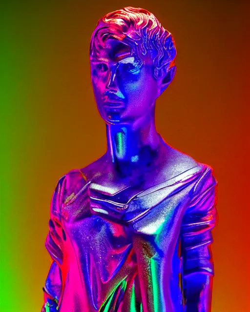 Prompt: dramatic cyberpunk portrait of a metallic marble statue, crystalline, red glow, green glow, blue glow, atmospheric haze, intense shading, chromatic aberration, glitch, backlit, bokeh, centered