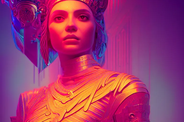 Prompt: photo of goddes (of war) (((neon lighting)) in chromatic dmt dmt sprititual temple with DISPACEMENTS Displacements, elegant, highly detailed, smooth, sharp focus, illustration, beautiful, geometric, trending on artstation, cinematic, artwork by WLOP