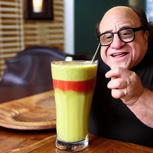 Image similar to Danny Devito drinking a smoothee
