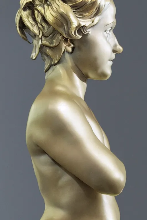 Image similar to nordic girl statue sculpted by bernini and hedi xandt made with black marble with partial gold plating, realistic