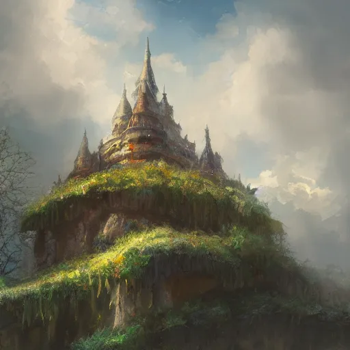Prompt: a painting of a giant floating castle high up in the sky with a tree - leaf canopy on top. artstation. painting. high - quality. extremely detailed clouds and foliage