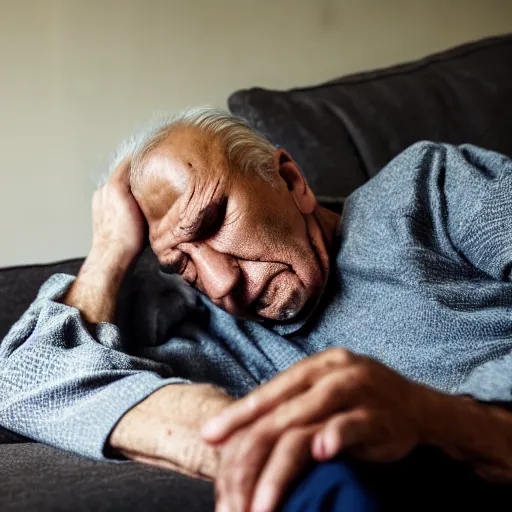 Prompt: photo of a 67 year old Romanian man falling asleep on the couch as he checks his pulse, National Geographic, photo, HD, 8k