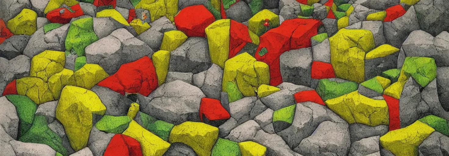 Image similar to a rock garden by m. c. escher, yellow, green, red, snowy, ultra sharp, ultra detailed, cyberpunk, happy, uplifting, colorized by salvador dali