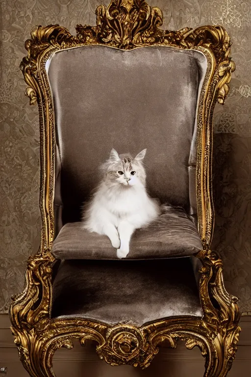 Prompt: a silver gelatin photo portrait of a royal cat, impossibly fluffy, on an embroidered velvet cushion on a neo - rococo gilded little bed, by david lachapelle, photorealistic, photography, wide shot