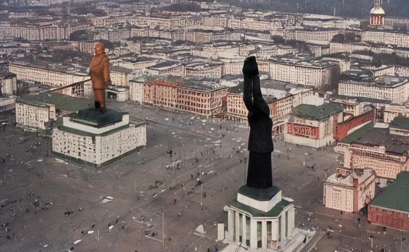 Image similar to high quality 2000s historic footage of soviet square with lenin statue with stanilist style high rise and pedestrians, color aerial photo drone, Cinestill 800t, heavy grainy picture, very detailed, high quality, 4k panoramic