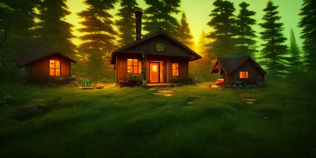 Prompt: a cozy little house in the woods, relaxing, 3 d concept art by scott zenteno, chill, relaxing, peaceful, sunset, extremely detailed art, unreal engine 5, hyper realism, blue - green aesthatic