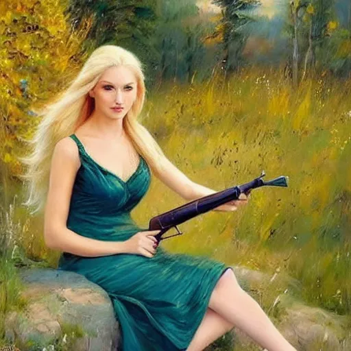 Image similar to mysterious blonde woman in hot dress in the swedish countryside, holding a shotgun, freedom, scenic, beautiful, masterpiece, highly detailed, painting by vladimir volegov