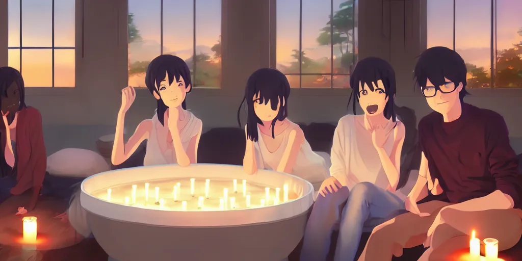 Prompt: a party at midnight, modern indoors, bay area, candles, hot tub, friendship, hope, art by makoto shinkai