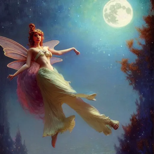 Image similar to attractive fairy magically floating high in the night, fantasy, full moon in background. highly detailed painting by gaston bussiere, craig mullins, j. c. leyendecker, mid shot, 8 k realistic, cryengine, frostbite 3 engine, sharp focus