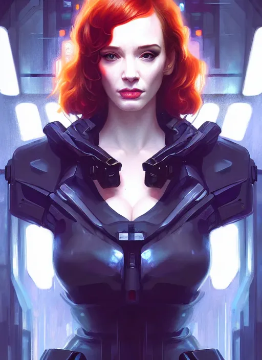 Image similar to bladerunner cyberpunk portrait of christina hendricks, beautiful face, highly detailed face!!!, extremely detailed!, digital painting, unreal engine 5, art by artgerm and greg rutkowski and alphonse mucha