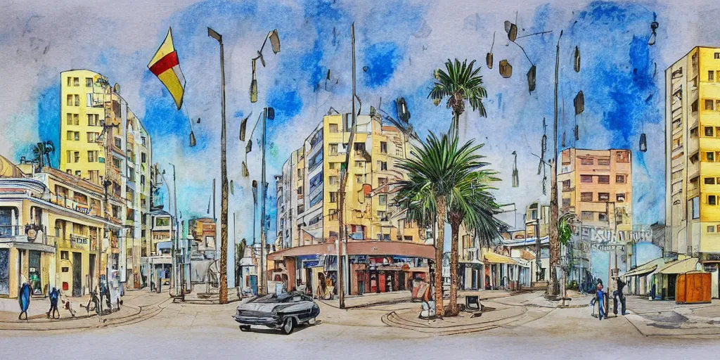 Prompt: bauhaus style street artists. painting of rounded bauhaus buildings in a junction in tel aviv. highly detailed. pen drawing painted with watercolors. colorful. low buildings. palm trees. super realistic. fluffy