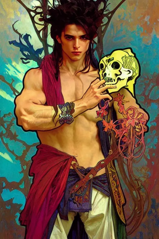 Image similar to A mage wearing colorful clothes, muscular, fantasy, holding a skull, painting by greg rutkowski and alphonse mucha
