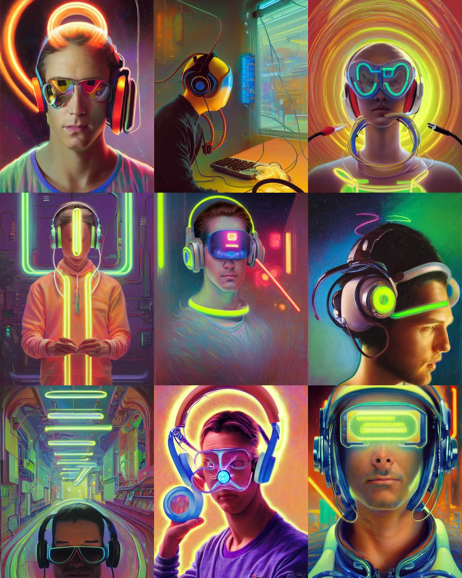 Image similar to future coder, glowing pencil thin visor over eyes and sleek neon headphones desaturated painting by donato giancola, dean cornwall, rhads, tom whalen, alex grey, alphonse mucha, astronaut cyberpunk electric fashion photography