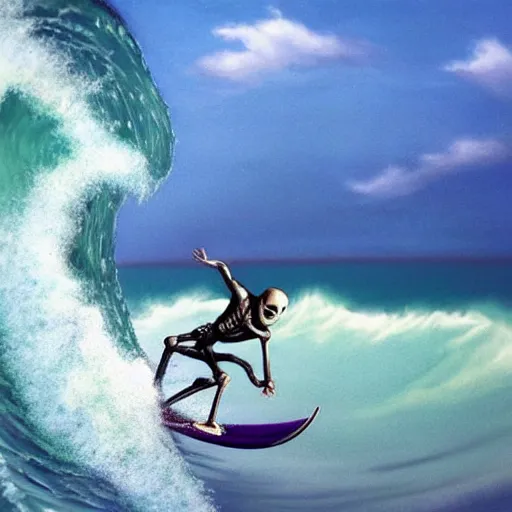 Prompt: photorealistic skeleton surfing over a wave