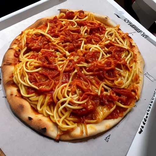 Prompt: spaghetti and fries on pizza